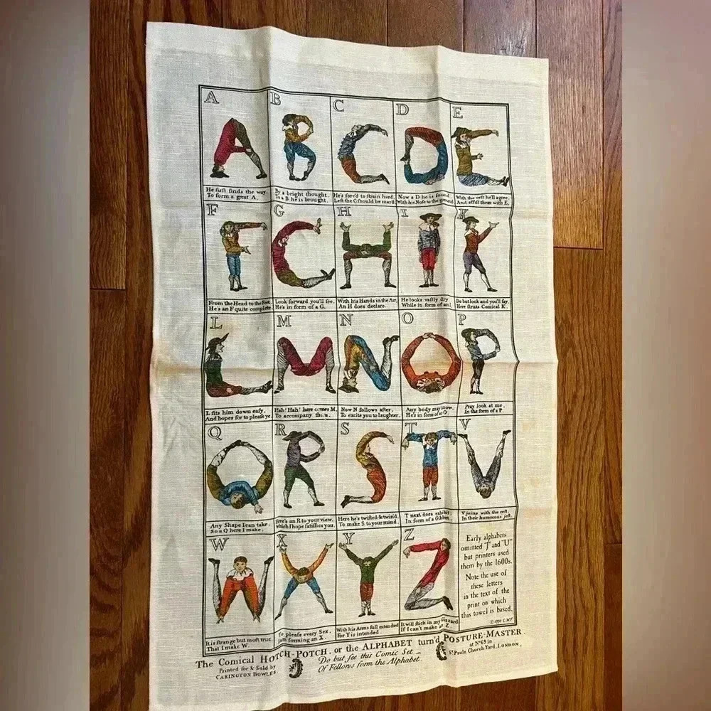 1990 CWF tea Towel The Comical Hotch Potch or The Alphabet turn’d Posture Master